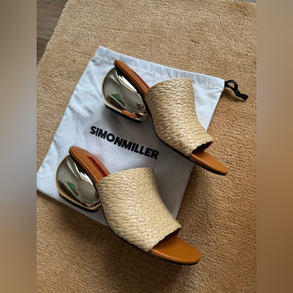 🌴NWOT SIMON MILLER BRAIDED RAFFIA MODERNO SANDAL IN GOLD/NATURAL - Picture 5 of 9